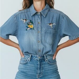 Vintage Haiks Denim short sleeve Shirt with Embroidered Hummingbirds size medium
